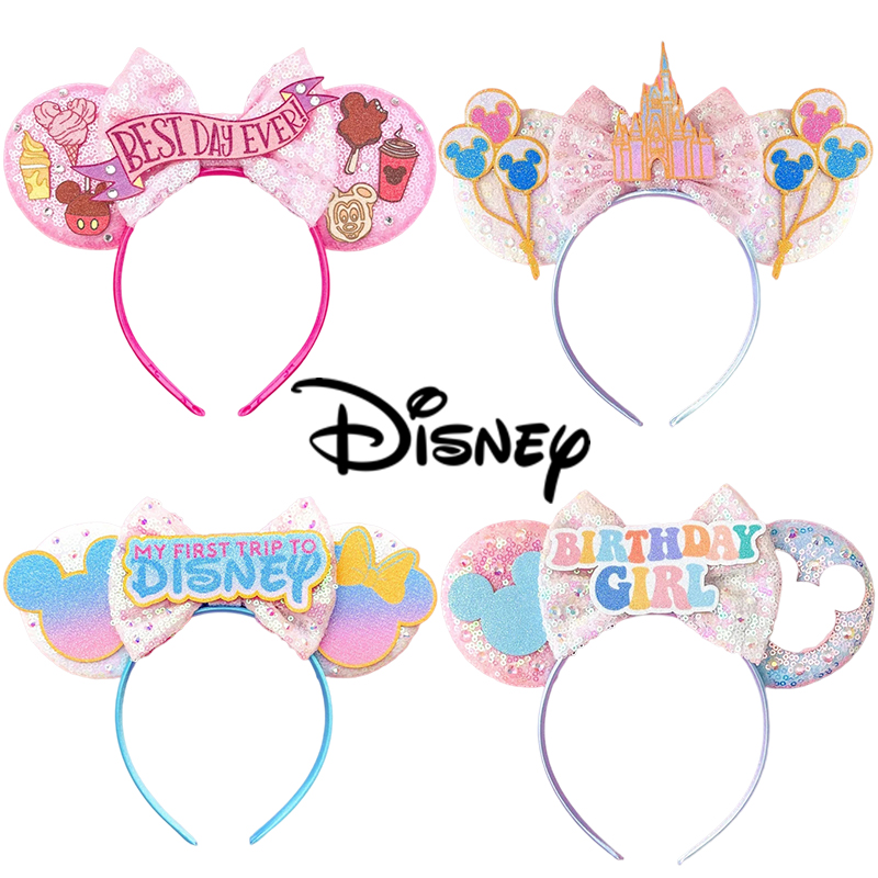 Ribbon Bow Gift - สายคาดผมลายมิกกี้เมาส์สำหรับเด็กหญิงวันเกิดจากดิสนีย์ที่คาดผมสำหรับผู้หญิงเครื่องประดับผมปาร์ตี้มินนี่เมาส์ประดับเลื่อมโบว์ของขวัญสำหรับเด็ก