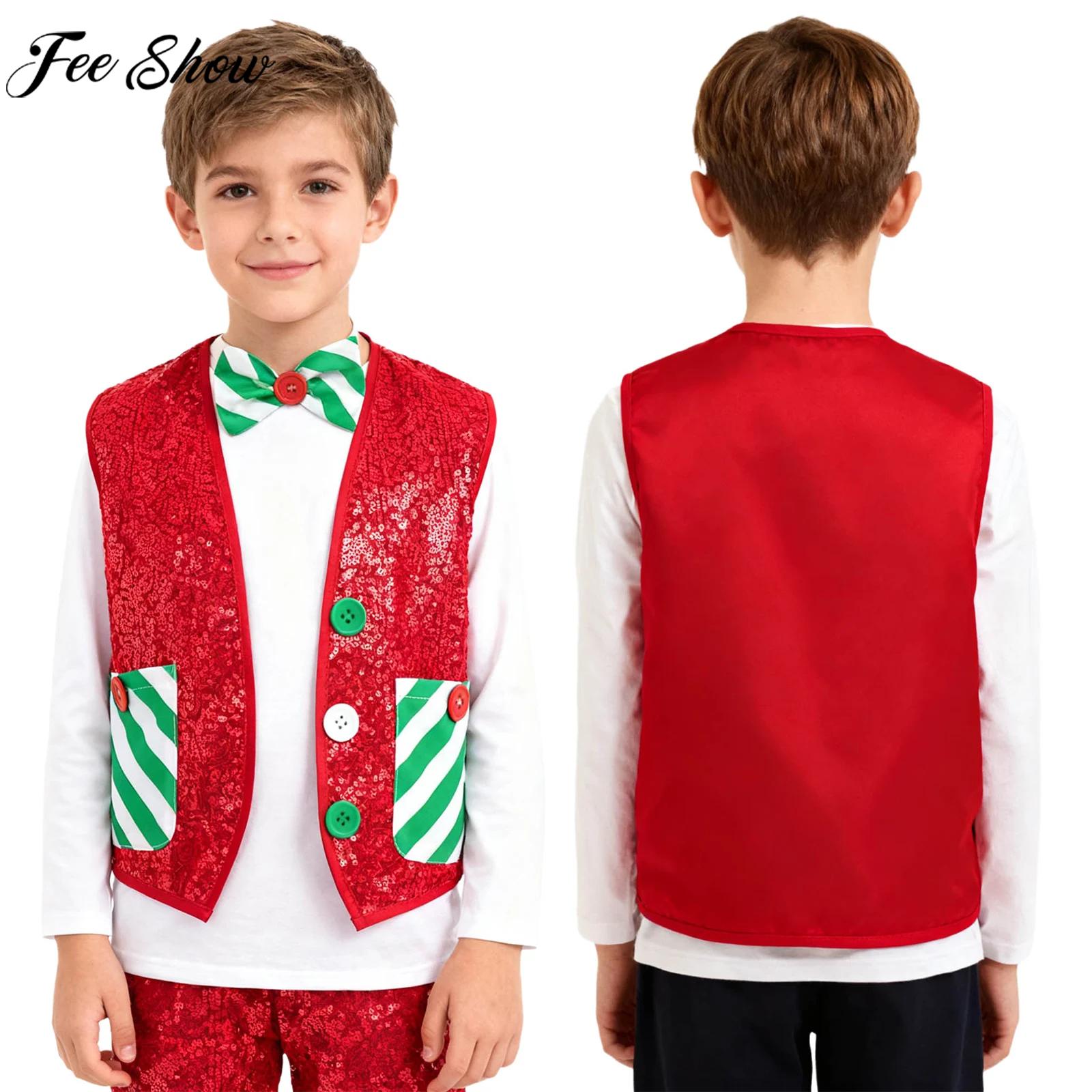 Elf Costume Christmas - ชุดคอสเพลย์ซานต้าเอลฟ์สำหรับเด็กชายและเด็กหญิง งานปาร์ตี้คริสต์มาส เสื้อกั๊กปักเลื่อมวิบวับ พร้อมโบว์ไทลายทาง ชุดเต้นลาตินแจ๊ส ดิสโก้